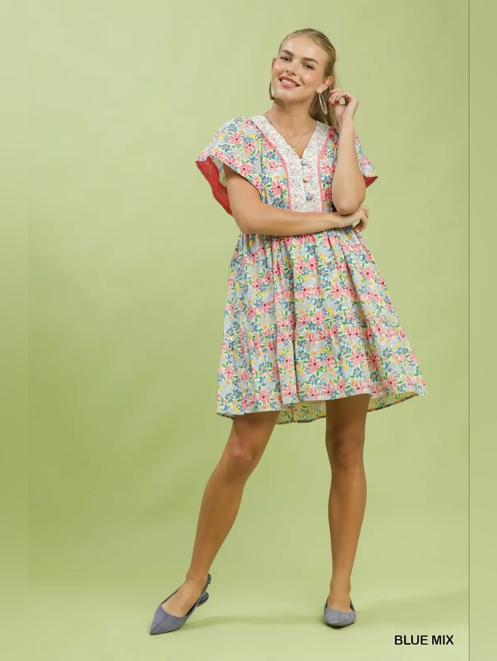 Umgee Mix Floral Tiered Mini Dress with Side Pockets - New Arrival - Picture 4 of 7